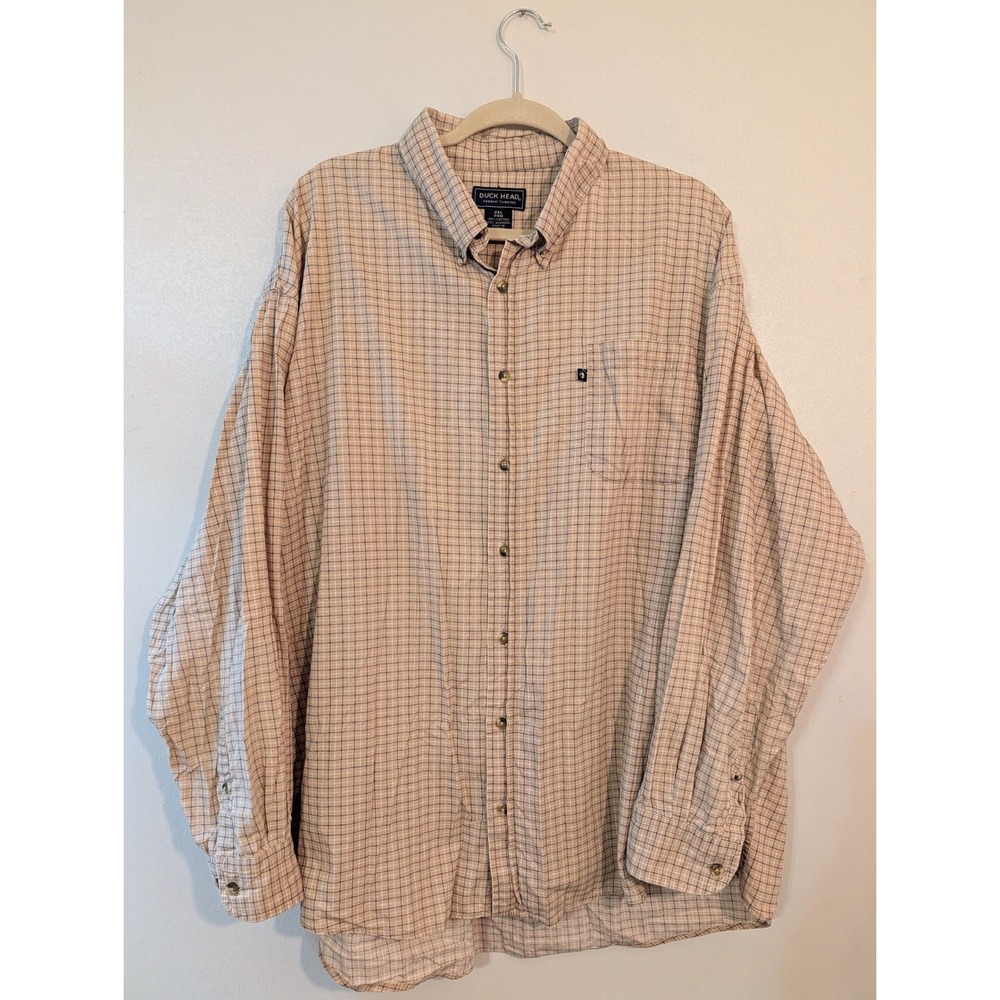 Duck‎ Head Mens 2XL Tan Blue Plaid Button Down Shirt Long Sleeve Cotton 2XG